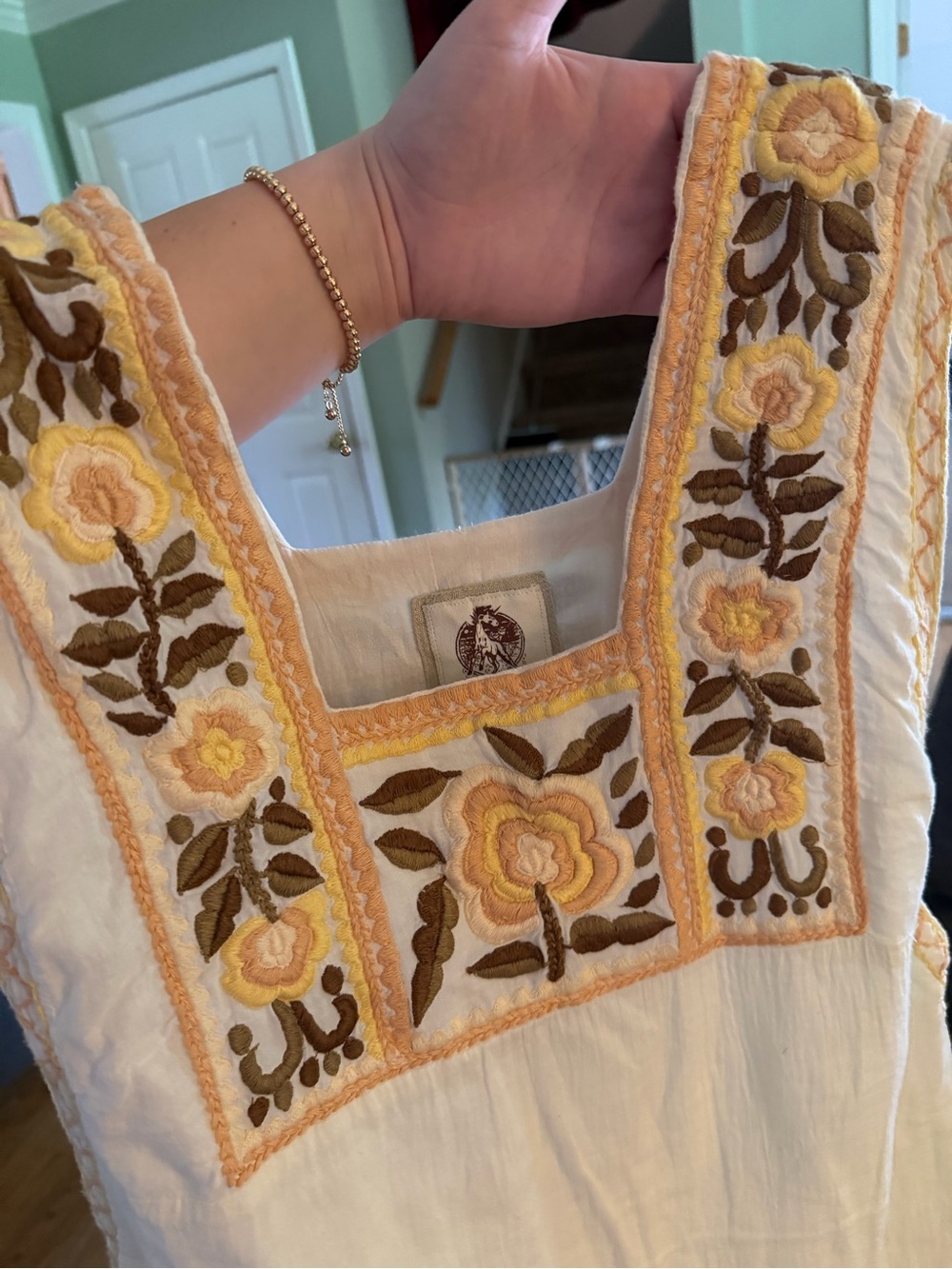 Chasing Unicorns White Sleeveless Embroidered dress with Yellow Floral Trim - Picture 5 of 5